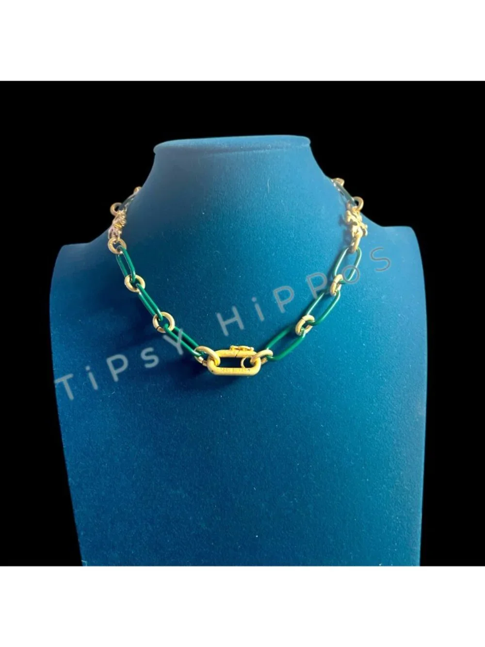 New!  Tory Burch Green Enamel and Gold Roxanne Chainlink Choaker Necklace